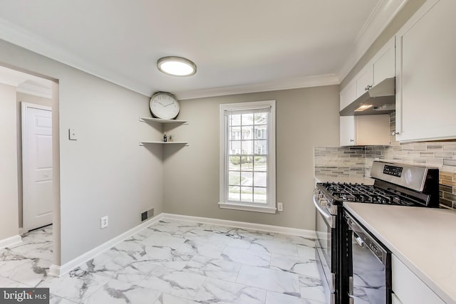 kitchen with visible vents, under cabinet range hood, tasteful backsplash, marble finish floor, and stainless steel appliances