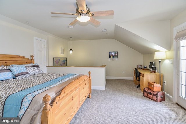 107 Washington Square Ct, Occoquan, VA 22125 - bedroom with ceiling fan, visible vents, vaulted ceiling, baseboards, and light carpet