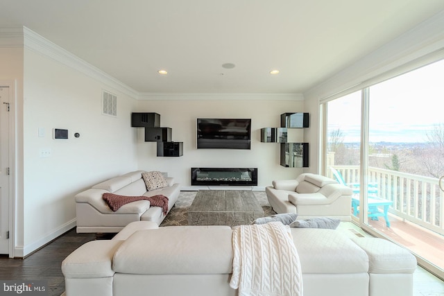 living area featuring baseboards, visible vents, crown molding, and dark wood-type flooring
