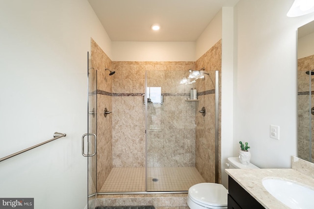 full bathroom with toilet, vanity, and a shower stall