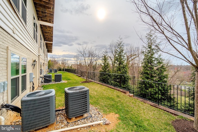 view of yard with a fenced backyard and central air condition unit