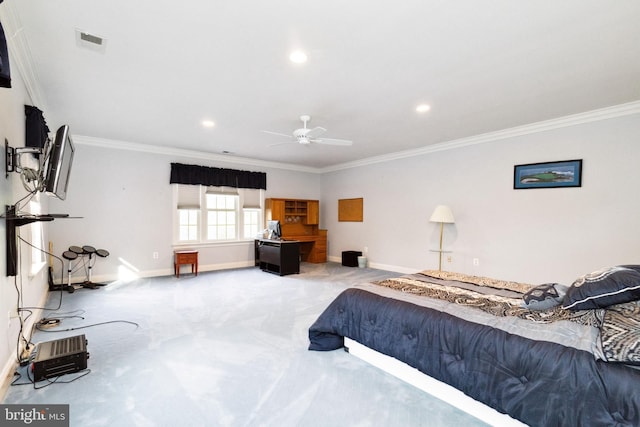 bedroom with visible vents, crown molding, and light carpet
