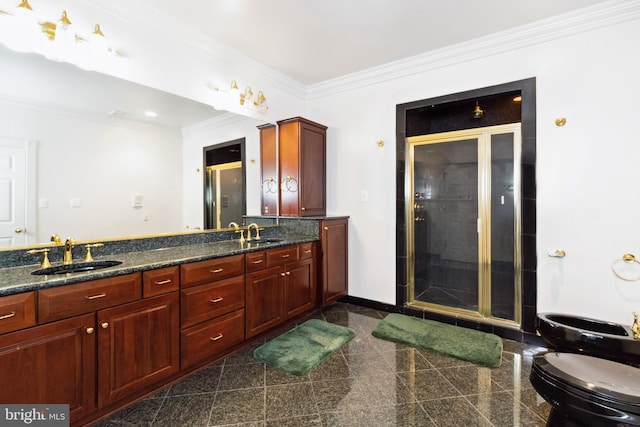 bathroom with ornamental molding, granite finish floor, a sink, and a shower stall