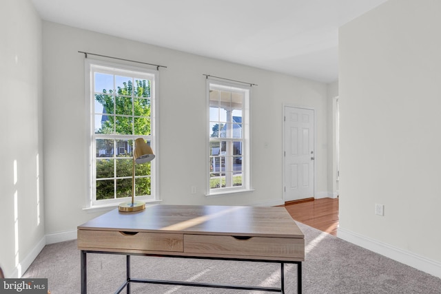 carpeted office space featuring baseboards