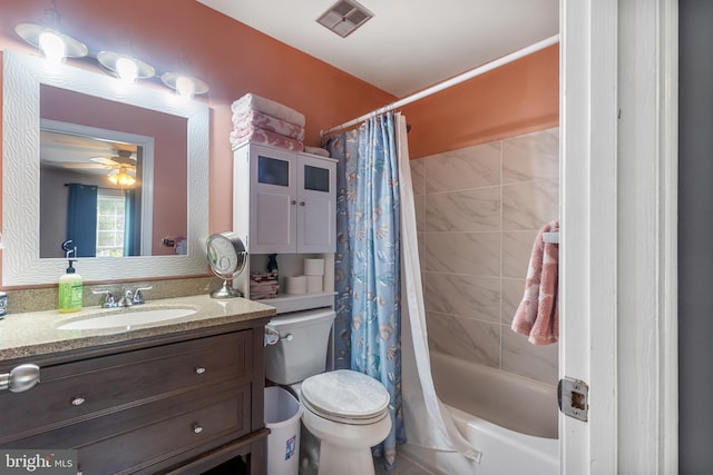 10230 Faire Commons Ct, Burke, VA 22015 - full bathroom with a ceiling fan, visible vents, vanity, toilet, and shower / bath combo with shower curtain