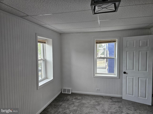 4216 Post Rd, Trainer, PA 19061 - spare room featuring baseboards, visible vents, dark carpet, and a drop ceiling