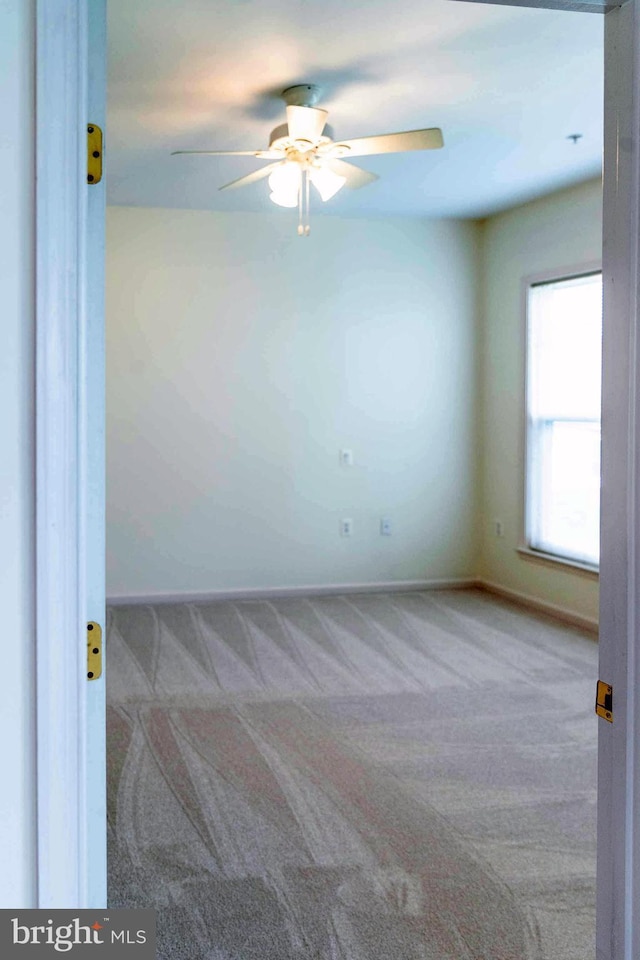 unfurnished room with baseboards, a ceiling fan, and carpet floors