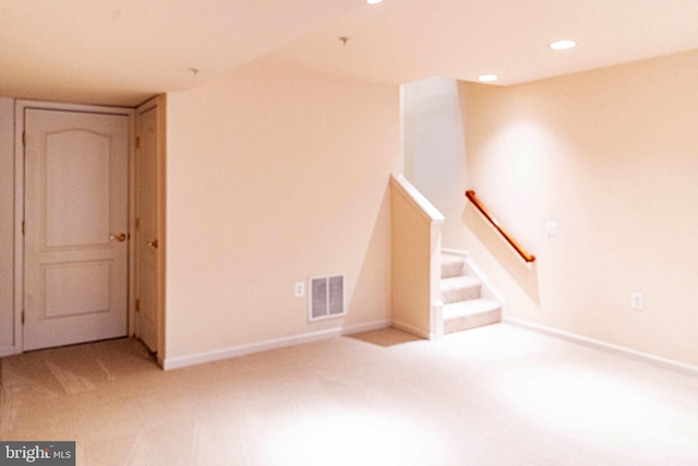 interior space with recessed lighting, stairway, carpet flooring, baseboards, and visible vents