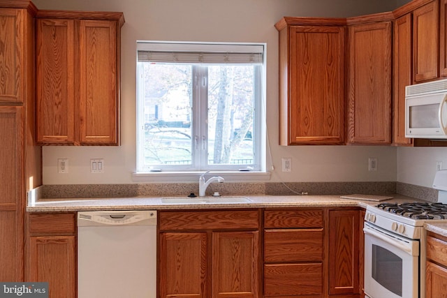 kitchen featuring brown cabinetry, white appliances, plenty of natural light, and a sink