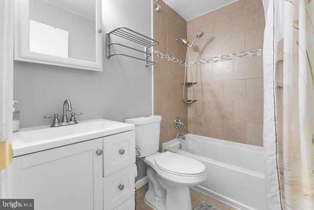 full bath with shower / bathtub combination with curtain, vanity, toilet, and tile patterned flooring