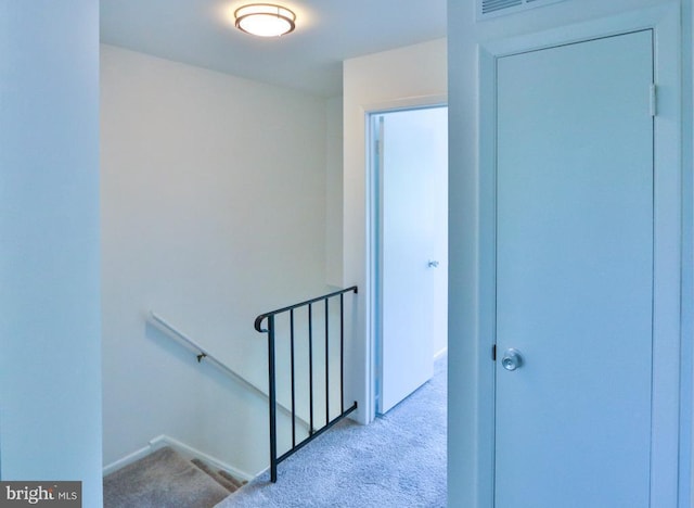 stairway featuring carpet floors and baseboards