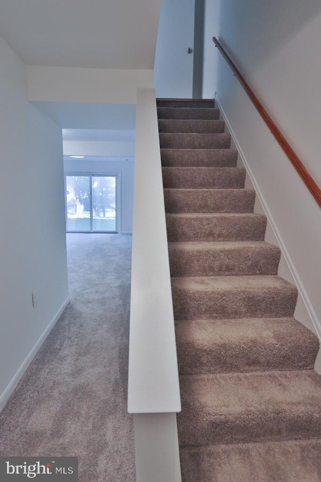 staircase with carpet floors and baseboards