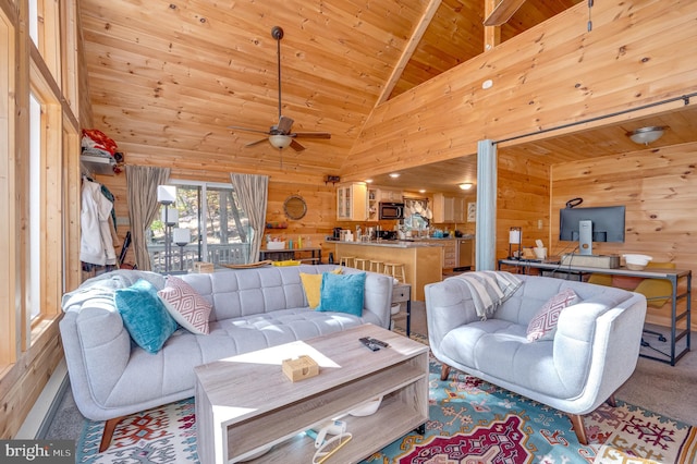 living area with ceiling fan, wood walls, wooden ceiling, and high vaulted ceiling
