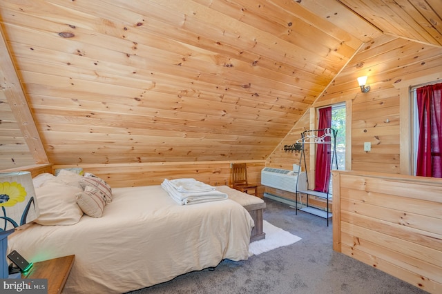 carpeted bedroom with wooden walls, wooden ceiling, vaulted ceiling with beams, and an AC wall unit