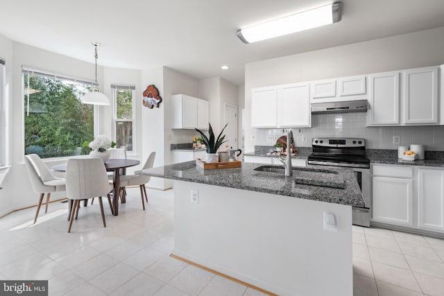 206 Cherrywood Ter, Gaithersburg, MD 20878 - kitchen featuring stainless steel electric range, a sink, under cabinet range hood, dark stone counters, and white cabinets