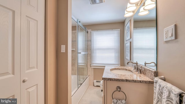 107 S Dover Ave, Atlantic City, NJ 08401 - bathroom with shower / bath combination with glass door, baseboard heating, vanity, toilet, and visible vents