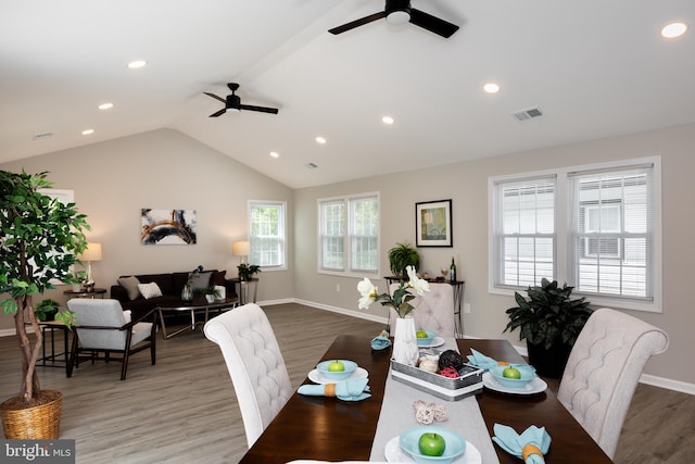 dining area featuring a ceiling fan, recessed lighting, wood finished floors, lofted ceiling, and visible vents