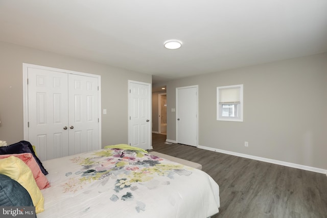 bedroom featuring dark wood-type flooring, baseboards, and a closet