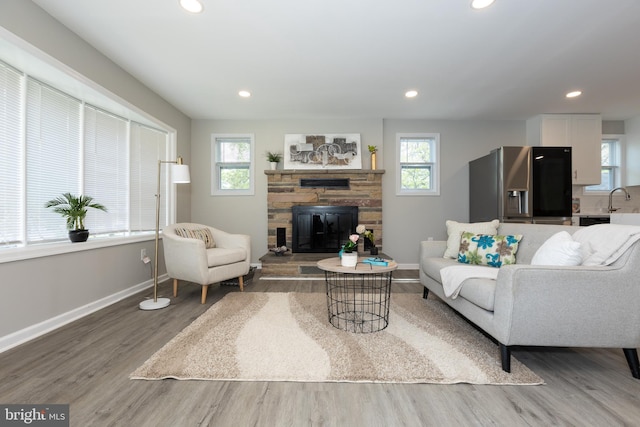living room with baseboards, wood finished floors, a healthy amount of sunlight, and a stone fireplace