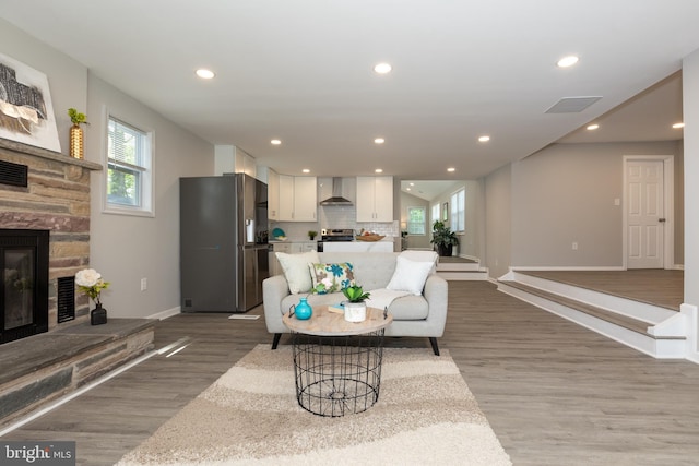 living area featuring baseboards, wood finished floors, a wealth of natural light, and a fireplace