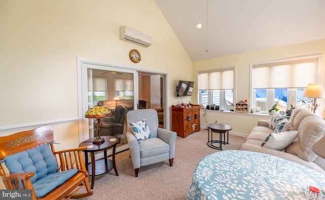 living room featuring an AC wall unit, high vaulted ceiling, baseboards, and carpet