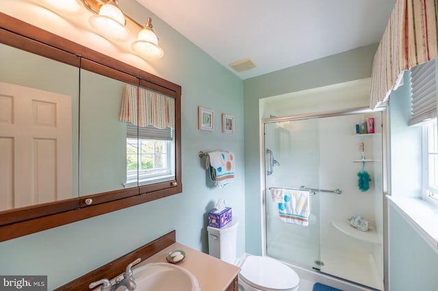 full bath with vanity, a stall shower, toilet, and visible vents