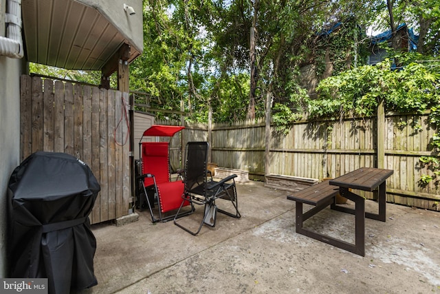 view of patio featuring a fenced backyard and area for grilling