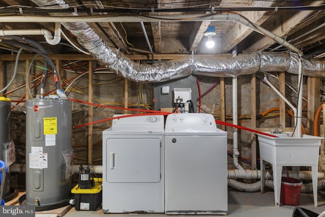 clothes washing area featuring water heater and separate washer and dryer
