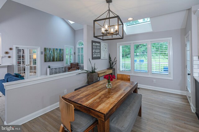 173 Christopher Dr, Princeton, NJ 08540 - dining room with a skylight, a chandelier, wood finished floors, baseboards, and french doors