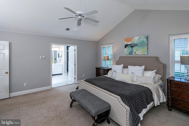 173 Christopher Dr, Princeton, NJ 08540 - carpeted bedroom featuring baseboards, connected bathroom, ceiling fan, and high vaulted ceiling