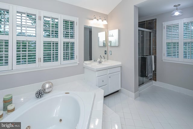 173 Christopher Dr, Princeton, NJ 08540 - bathroom featuring a stall shower, a jetted tub, tile patterned flooring, and vanity