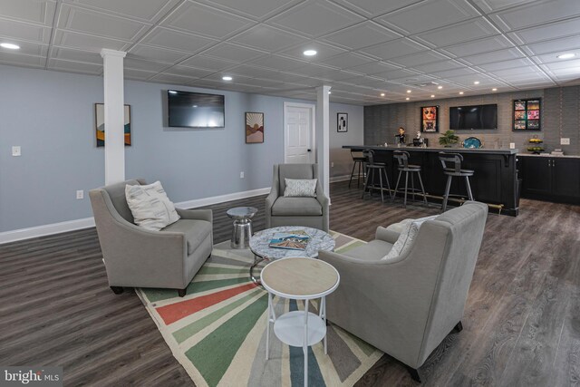 173 Christopher Dr, Princeton, NJ 08540 - living area with recessed lighting, wet bar, baseboards, dark wood-style floors, and an ornate ceiling