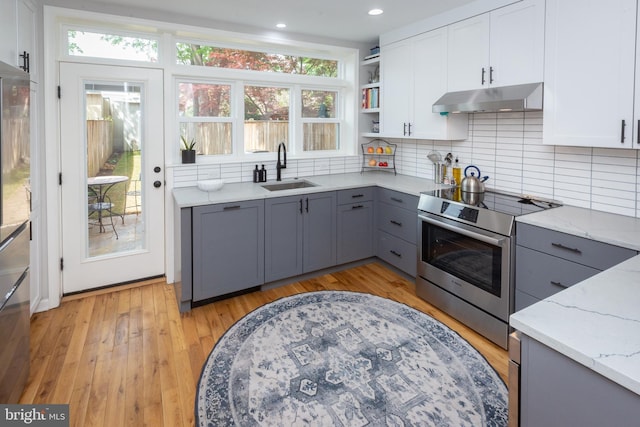kitchen featuring a sink, stainless steel electric range oven, gray cabinets, and under cabinet range hood