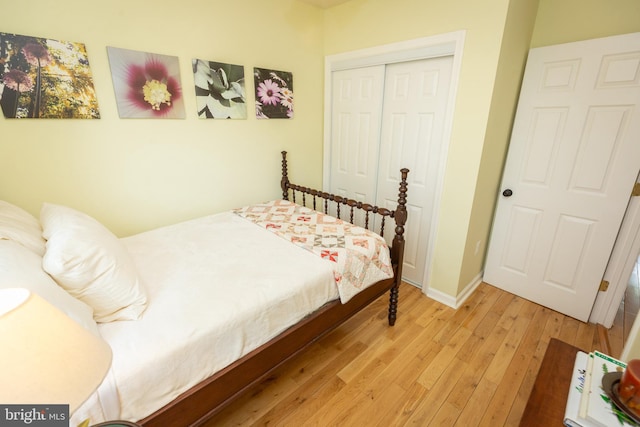 bedroom with baseboards, wood-type flooring, and a closet
