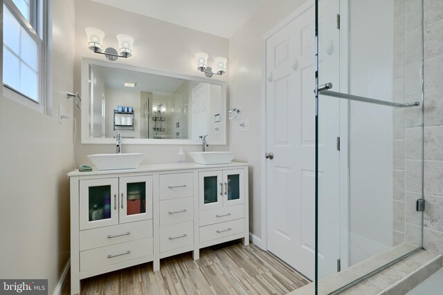full bathroom featuring a sink, a shower stall, and double vanity