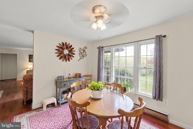 2385 Heide Cooper Rd, Shanks, WV 26761 - dining room featuring a ceiling fan, wood finished floors, a healthy amount of sunlight, and baseboard heating