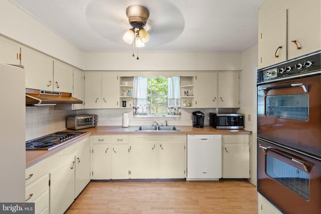 2385 Heide Cooper Rd, Shanks, WV 26761 - kitchen featuring open shelves, a sink, white appliances, a ceiling fan, and under cabinet range hood