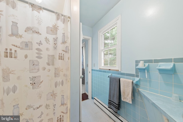 2385 Heide Cooper Rd, Shanks, WV 26761 - bathroom featuring tile patterned flooring, wainscoting, a shower with shower curtain, and tile walls
