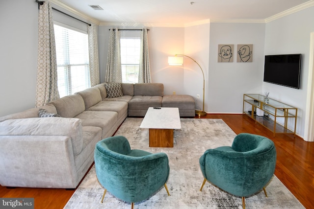 3009 Nicosh Cir Unit 4201, Falls Church, VA 22042 - living area with crown molding, baseboards, wood finished floors, and visible vents