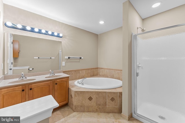 1100 Balley Dr Unit 4, Phoenixville, PA 19460 - bathroom with a shower stall, a bath, tile patterned floors, double vanity, and recessed lighting