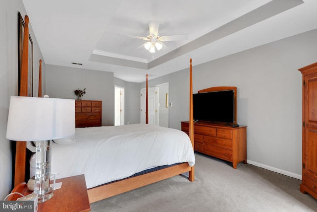 11294 Country Club Rd, New Market, MD 21774 - bedroom with light carpet, a raised ceiling, baseboards, and ceiling fan