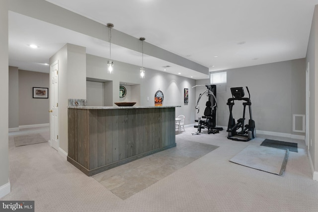 11294 Country Club Rd, New Market, MD 21774 - exercise area with light colored carpet, bar area, baseboards, and recessed lighting