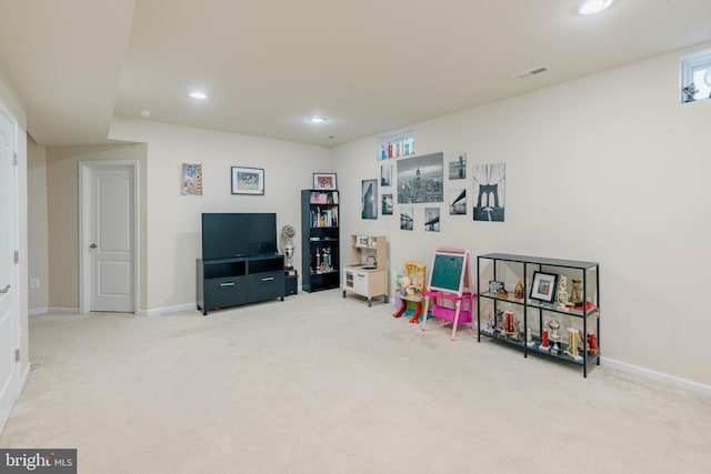 game room with baseboards, carpet, and visible vents