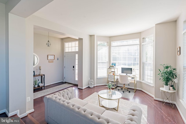 living room with baseboards and wood finished floors