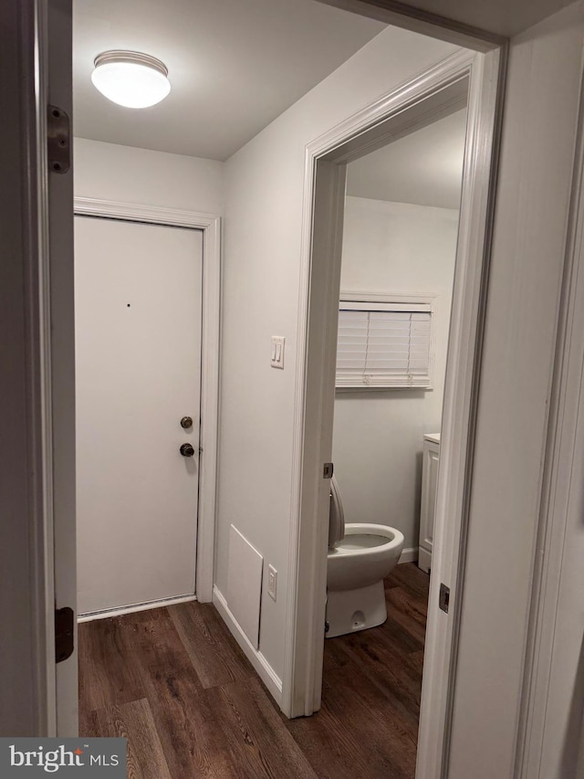 doorway with dark wood-style floors