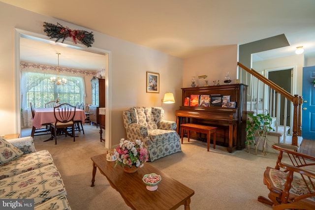 1069 E 2nd St, Red Hill, PA 18076 - carpeted living area with a chandelier and stairway