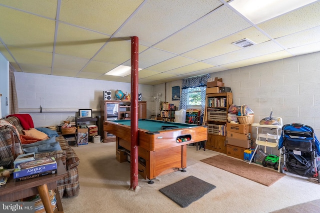 1069 E 2nd St, Red Hill, PA 18076 - playroom featuring billiards, a paneled ceiling, and concrete block wall
