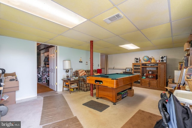 1069 E 2nd St, Red Hill, PA 18076 - game room with billiards, carpet flooring, a paneled ceiling, and visible vents