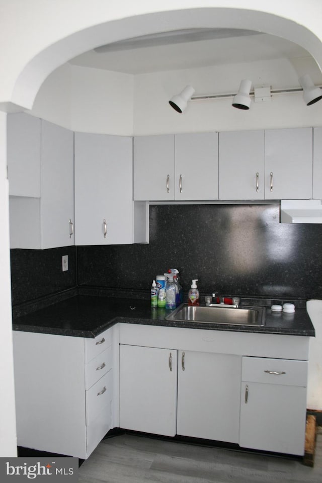 kitchen featuring dark countertops, a sink, wood finished floors, and under cabinet range hood
