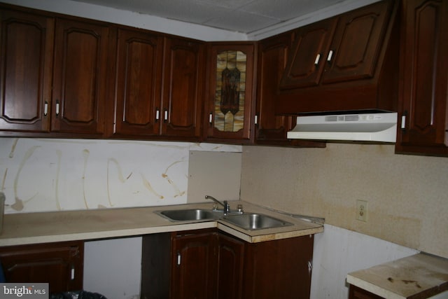 kitchen with glass insert cabinets, under cabinet range hood, light countertops, and a sink